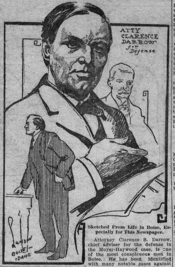 Courtroom illustrations of Clarence Darrow, advising the defense in the Moyer-Haywood case in Boise, Idaho.