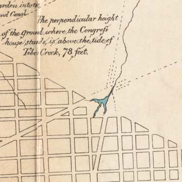 Detail of an 1887 copy of the 1791 L'Enfant Plan, showing the city's Northeast quadrant. The planned streets end at Tibe