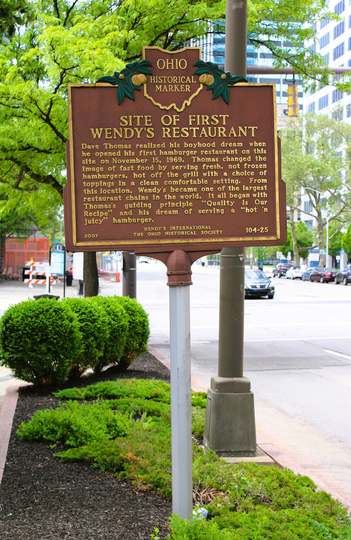 The historical marker for the first Wendy's restaurant on E. Broad Street in downtown Columbus, Ohio.