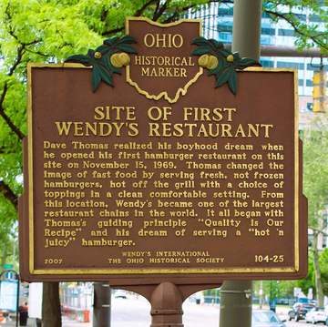 The historical marker for the first Wendy's restaurant on E. Broad Street in downtown Columbus, Ohio.