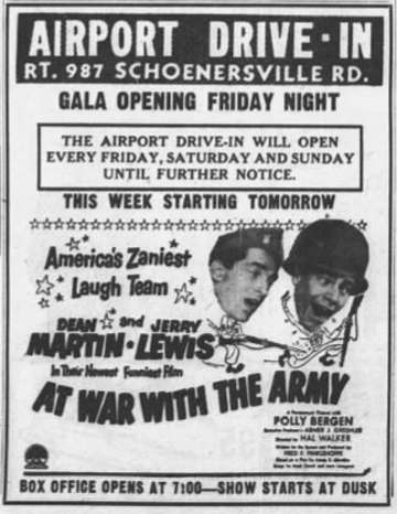 Airport Drive-In Theater advertisement for the American comedy film At War with the Army (1950) - 26 Apr. 1951 Morning C