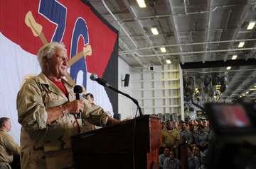 GULF OF OMAN (July 13, 2009) Former NFL head coach Don Shula addresses the crew of the aircraft carrier USS Ronald Reaga