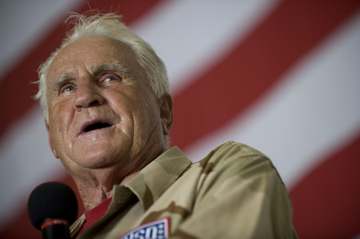 090711-N-0696M-252 Hall of Fame NFL coach Don Shula addresses the crew of USS Ronald Reagan (CVN76) underway in the Gulf