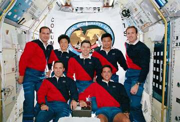In the spacelab science module aboard the Space Shuttle Columbia, Orbiter Vehicle (OV) 102, the seven crewmembers pose f