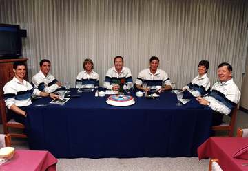 The STS-83 flight crew enjoys the traditional pre-liftoff breakfast in the crew quarters of the Operations and Checkout 
