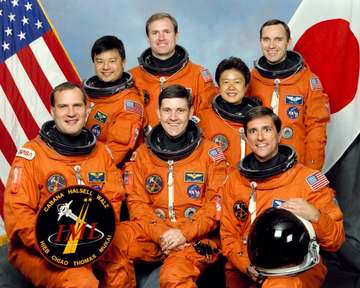 Six NASA astronauts and a Japanese payload specialist take a break from training to pose for their crew portrait. Left t