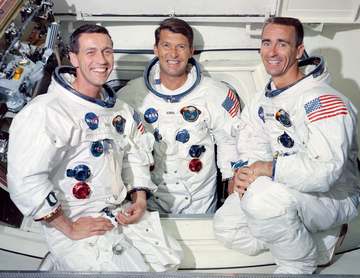 The prime crew of the first manned Apollo space mission Apollo 7 from left to right are: Command Module pilot, Don F. Ei
