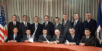 Astronaut Group Three announced on October 18, 1963. They are (seated, left to right) Edwin E. Aldrin Jr., William A. An