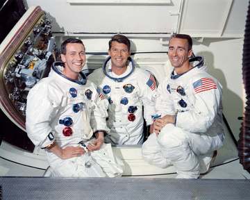 The prime crew of the first manned Apollo space mission from left to right are: Command Module pilot, Don F. Eisele, Com