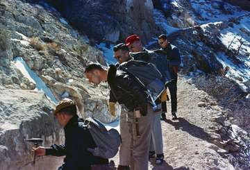 Description (1964) Dr. E. Dale Jackson, U.S. Survey Geologist (left), with Astronauts (left to right) Bill Anders, Richa
