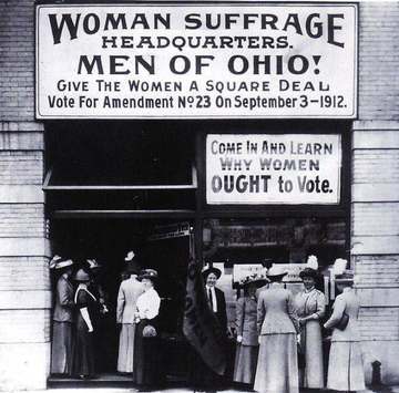 Women's Suffrage Headquarters on Euclid Avenue in Cleveland Ohio in 1912. Individuals in the picture include Belle Sherm
