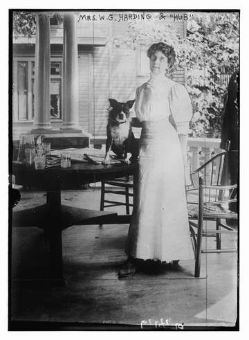 Title: Mrs. W.G. Harding with dog "Hub" who is sitting on table Abstract/medium: 1 negative : glass ; 5 x 7 in. or small