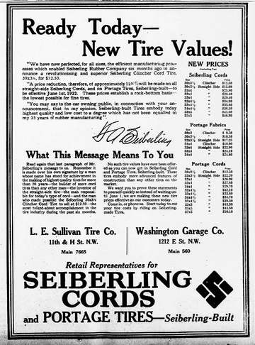 Washington DC area newspaper ad for Seiberling Tires.