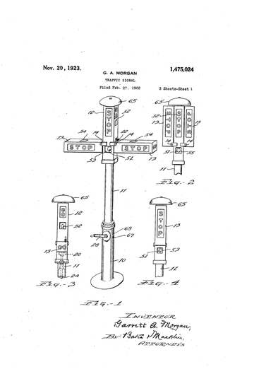 Garrett Morgan US patent US1475024A for a traffic signal, 1923, page 1