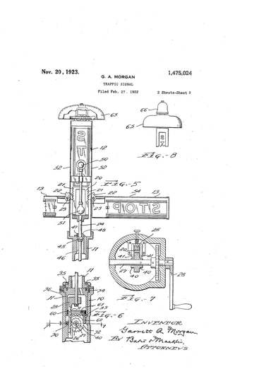 Garrett Morgan US patent US1475024A for a traffic signal, 1923, page 2