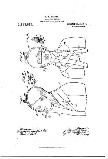 Garrett Morgan US patent US1113675A for a 'smoke hood' breathing device, 1914, page 2