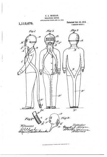 Garrett Morgan US patent US1113675A for a 'smoke hood' breathing device, 1914, page 1