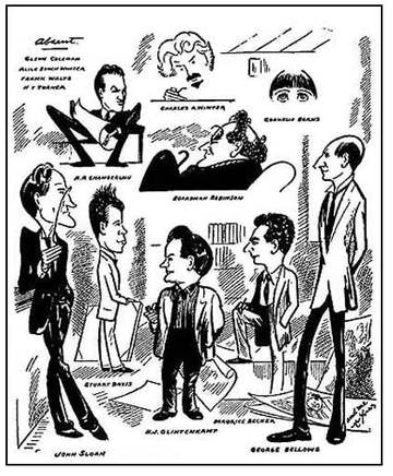 'The Cartoonists', by Art Young, 1917, published in The Masses [when ?] shows from the top : Charles Allen Winter, Corne