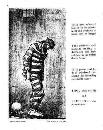 Blessed are the Peacemakers by George Bellows. Anti-war cartoon depicting Jesus with a halo in prison stripes alongside 