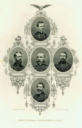 Print of bust portraits of five Union generals. Subjects include Generals Wesley Merritt, Alfred H. Terry, John G. Foste
