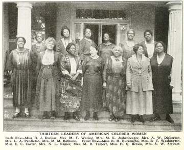 Thirteen Leaders of American Colored Women. Back row, Miss R. J. Dunbar, Mrs. M. F. Warin, Mrs. M. E Joshenberger, Mrs.