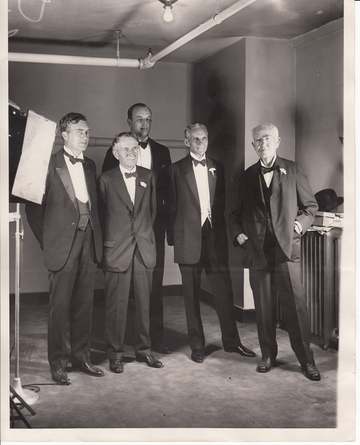 Charles Edison, Harvey S. Firestone, Henry Ford, Edison, and unidentified man in the Crystal Studio at the Radio World's