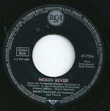 Vinyl 7" Single of song "Moon River" composed by Henry Mancini with lyrics by Johnny Mercer. It was originally performed