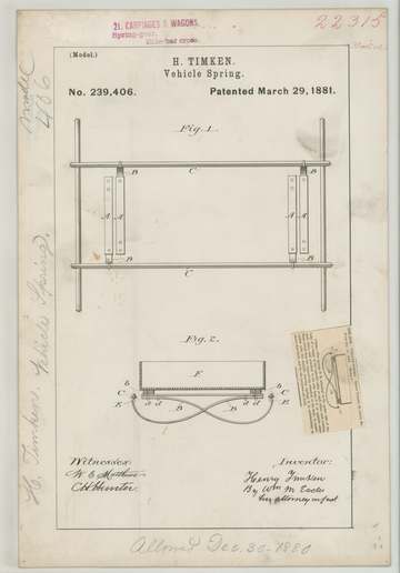 Patent drawing, H. Timken: Vehicle Spring, 29 March 1881