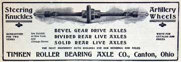 Timken Roller Bearing Axle Company ad for rear axles and artillery wheels, January, 1905