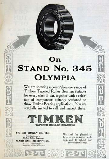 Advertisement announcing British Timken at Olympia, Stand No 345 (1922)