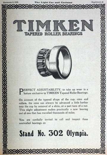 Advertisement announcing British Timken at Olympia, Stand No 302 (1919)