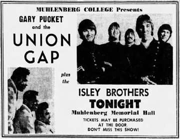 Muhlenburg College concert advertisement for Gary Puckett & the Union Gap and the Isley Brothers - 8 Nov. 1968 Morni
