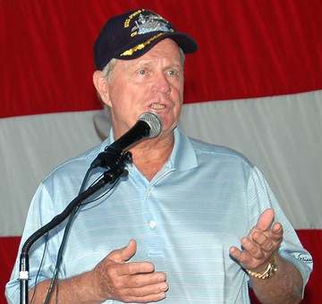 060927-N-4549D-002 Golfer w:Jack Nicklaus fields questions from Mayport-area sailors who filled the hangar bay of the w: