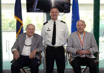 Brig. Gen. Matthew S. Woodruff, center, Ohio assistant adjutant general for Army, stands with Jack Nicklaus, left, PGA T