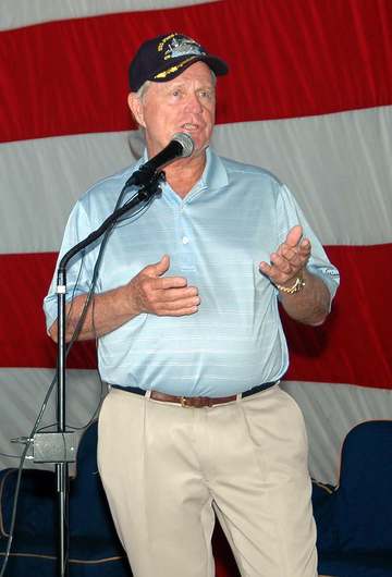 060927-N-4549D-002 Golfer w:Jack Nicklaus fields questions from Mayport-area sailors who filled the hangar bay of the w: