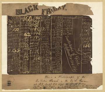 Photograph of the black board in the New York Gold Room, September 24, 1869, showing the collapse of the price of gold. 