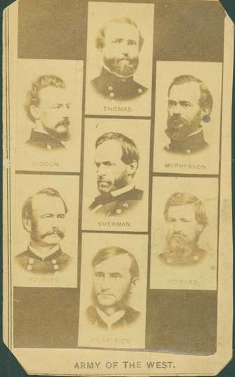 Small card with photographs of seven Union officers. Maj. Gen. G.H. Thomas, J. McPherson, O.O. Howard, H.J. Kilpatrick, 