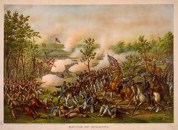 The Battle of Atlanta, chromolithograph by Kurz &amp; Allison, also showing the death of Union general James McPherson.