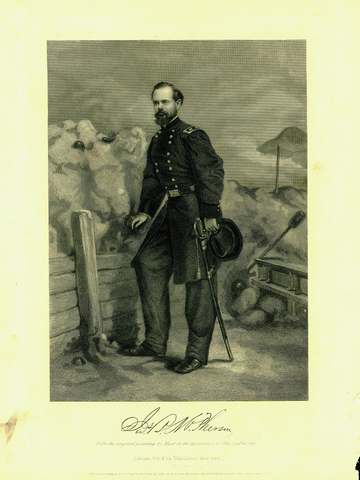 Print of Gen. McPherson in uniform with a sword. Earthworks and mountain in the background. "Jas. B. McPherson" (signatu