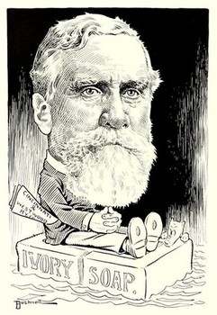 James Gamble is shown floating on a bar of Ivory soap (the product which was largely responsible for his fortune).