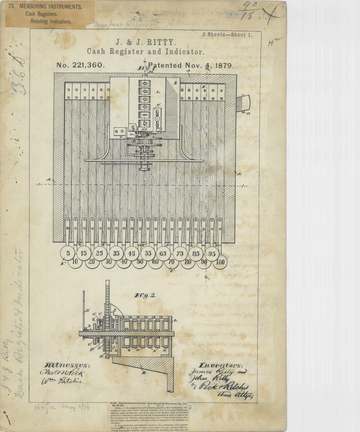 Patent drawing for J. and J. Ritty's Cash Register and Indicator, Patent 221,360