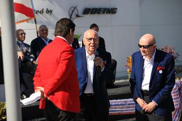 Former CNN space correspondent John Zarrella, left, interviews Gemini and Apollo astronauts Jim Lovell, center and Tom S