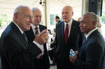 Apollo 13 astronaut Jim Lovell, left, former NASA Administrator Dan Goldin, Sen. John Glenn, third from left, and NASA A