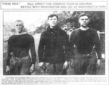 Black and white newspaper image of three men, outdoors, in dark shirts