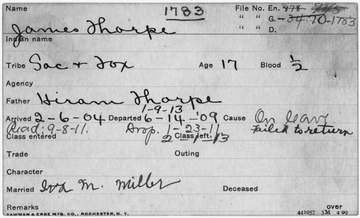 The card gives the student name, sex, tribe, dates entered and left school, parents names, and age at entrance date.