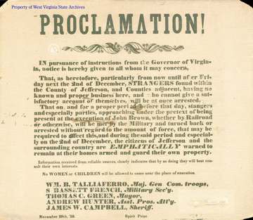 John Brown was convicted of murder, insurrection, and treason, and sentenced to be hanged December 2, 1859. This broadsi