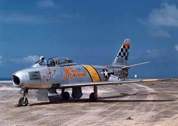 A U.S. Air Force North American F-86F-30-NA Sabre (s/n 52-4584) in 1953. This plane was flown by U.S. Marine Corps Major