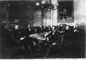 A cabinet meeting at the White House- Pres. Hayes, John Sherman [Secy. of the Treasury], R.W. Thompson [Secy. of the Nav