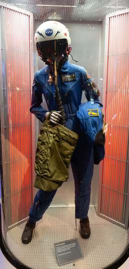 A flight suit worn by Judy Resnik on display at the Johnson Space Center in Houston, Texas.