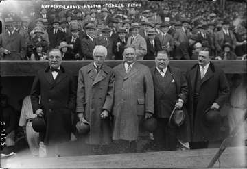 Title: Jacob Ruppert, Judge Kenesaw M. Landis, Tillinghast Huston, Harry Frazee, ? Flynn, at Yankee Stadium, 4/18/23 (ba